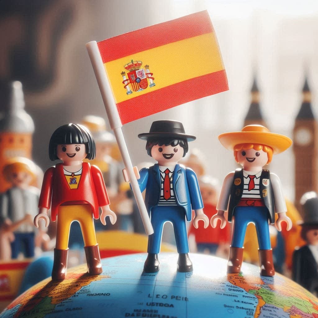 Muñecos con bandera española sobre la bola del mundo